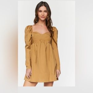 Camel Long Sleeve Babydoll Dress Size Medium Forever 21 Puff Sleeve
